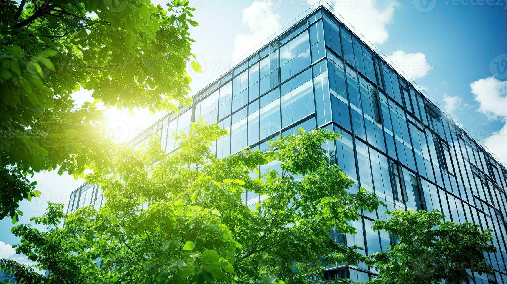 Modern office building with green leaves. Bottom view of modern office building with green leaves. Generative AI photo