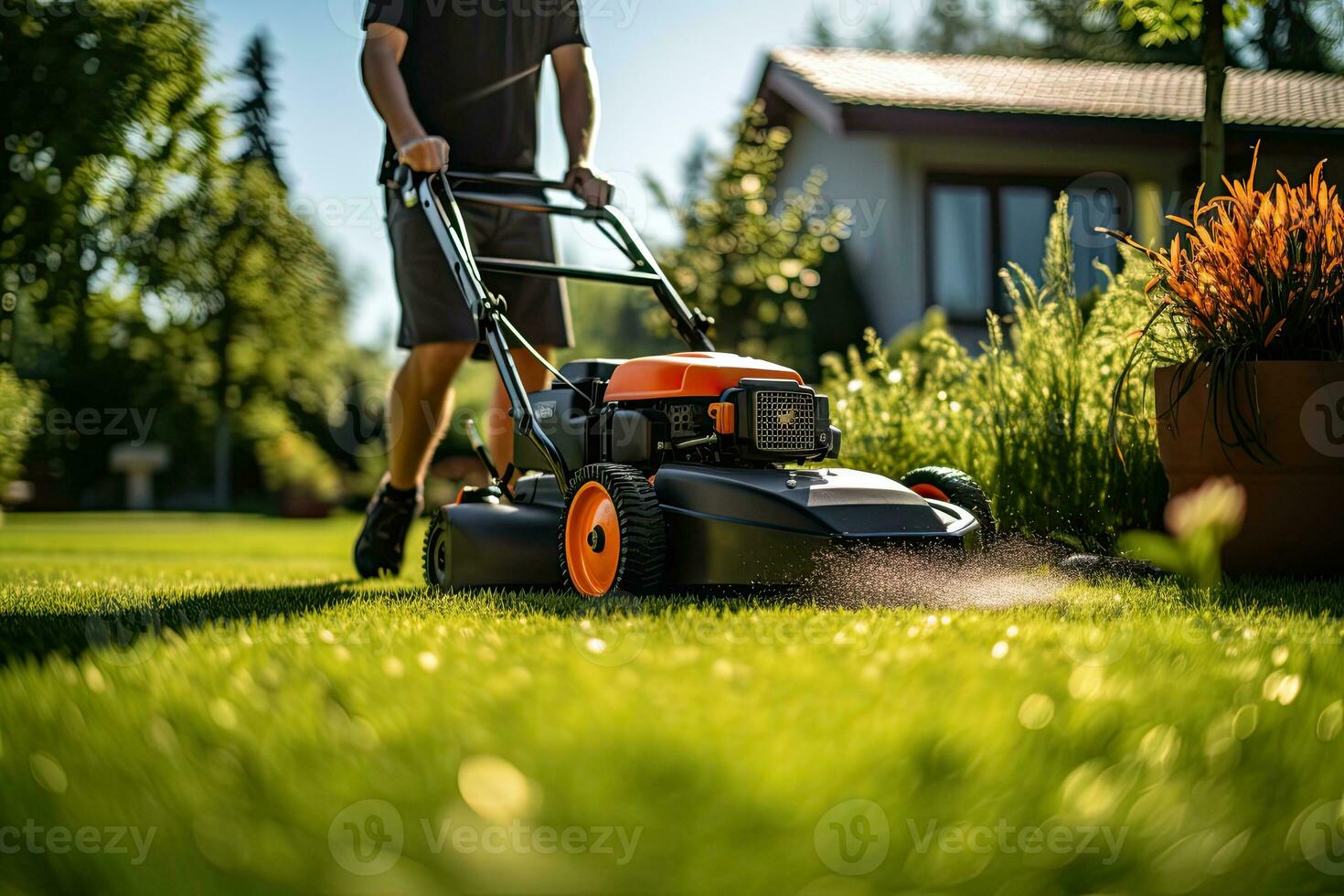 Man mowing the lawn with a lawn mower in the garden. Gardening concep. Generative AI photo
