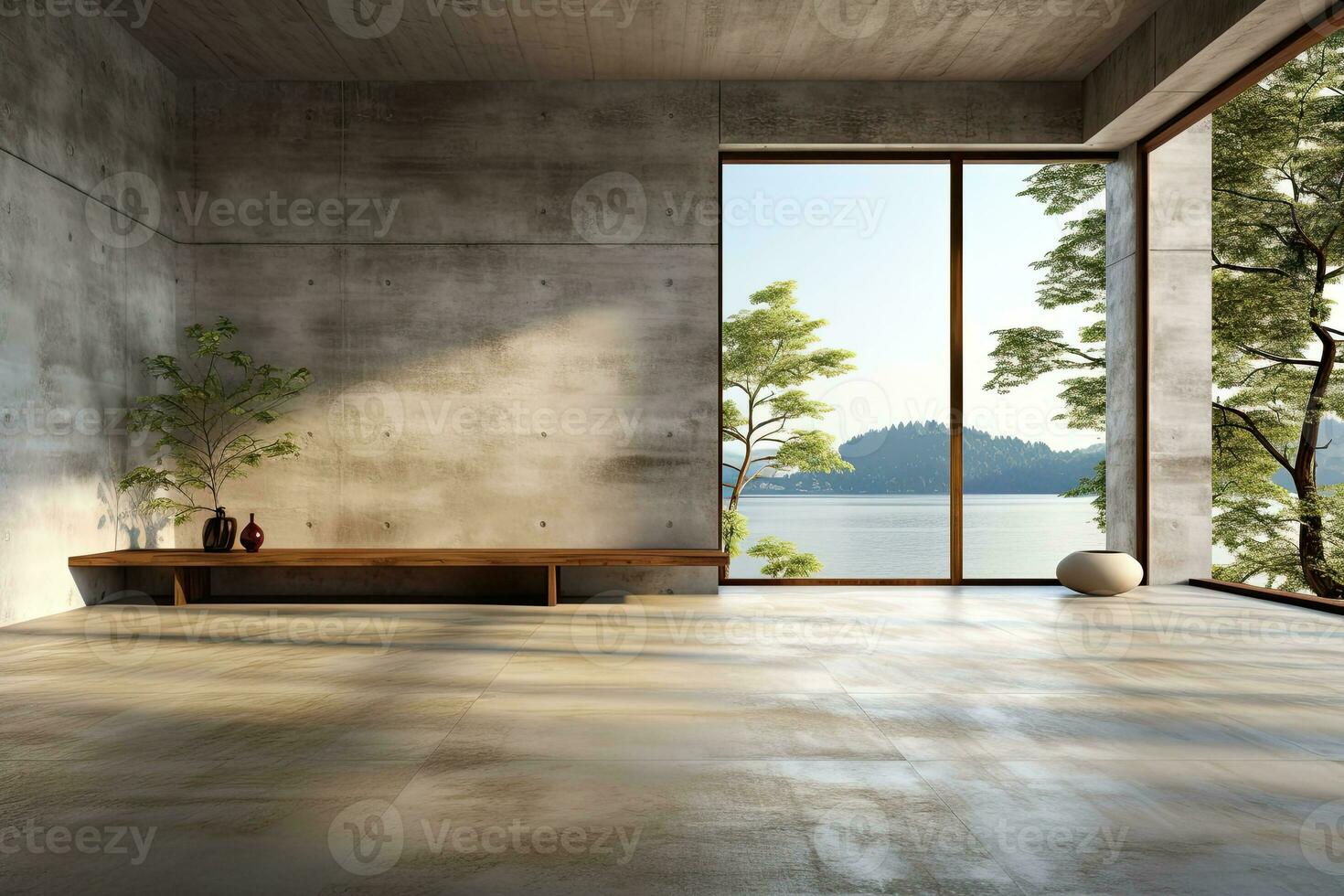 Interior of modern loft with concrete floor and panoramic windows.  Generative AI photo