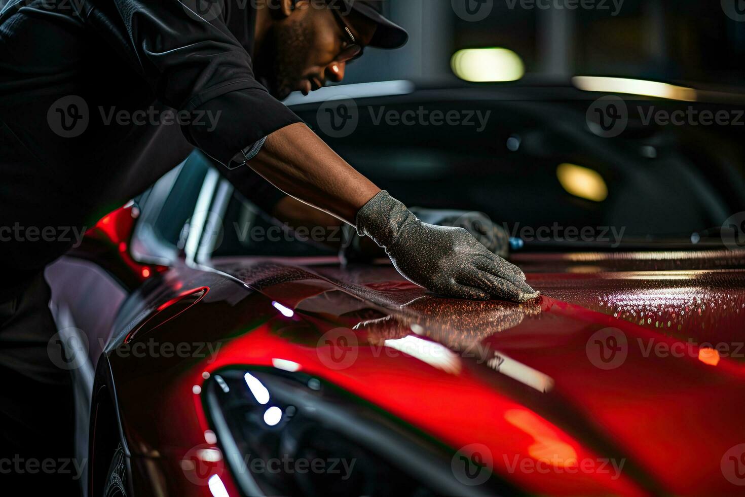 Car detailing series, Worker in protective gloves polishing a car. Generative AI photo