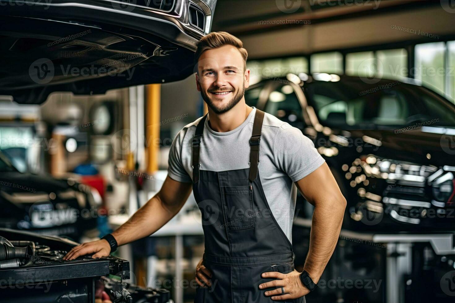 Car mechanic working in auto repair shop. Handsome young man in uniform working with car engine. Generative AI photo