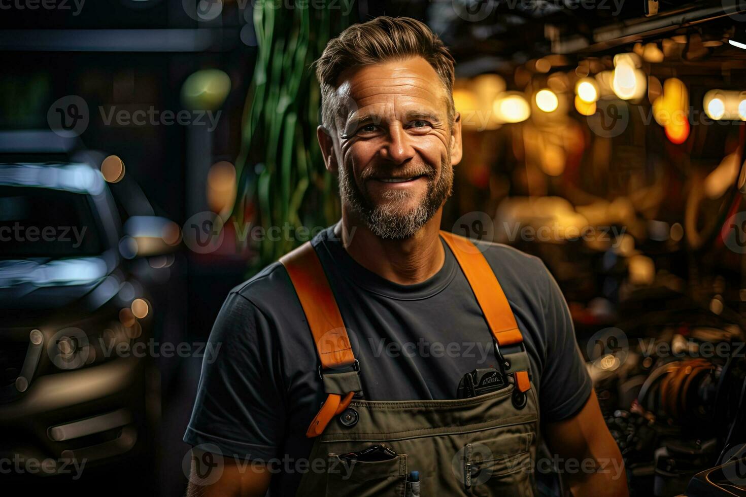 Car mechanic working in auto repair shop. Handsome young man in uniform working with car engine. Generative AI photo