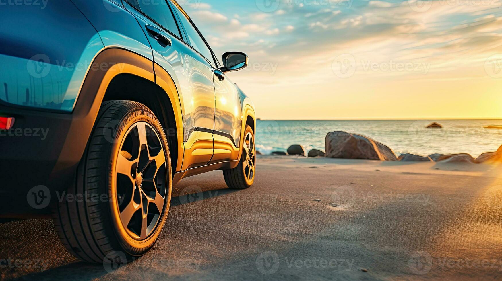 Car on the beach at sunset. Concept of travel and vacation. Generative AI photo