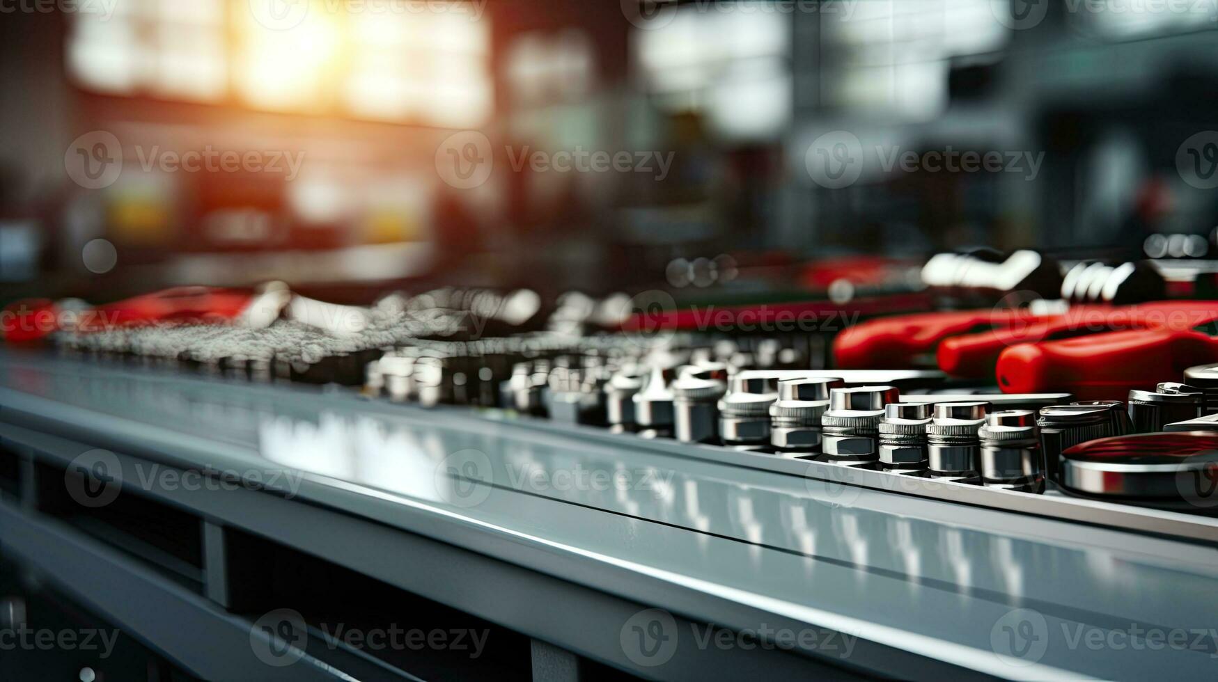 Top view of construction tools on blackboard background with copy space. Generative AI photo