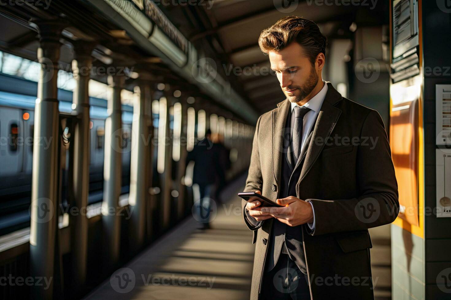 handsome businessman using smartphone while in the city. Generative AI photo
