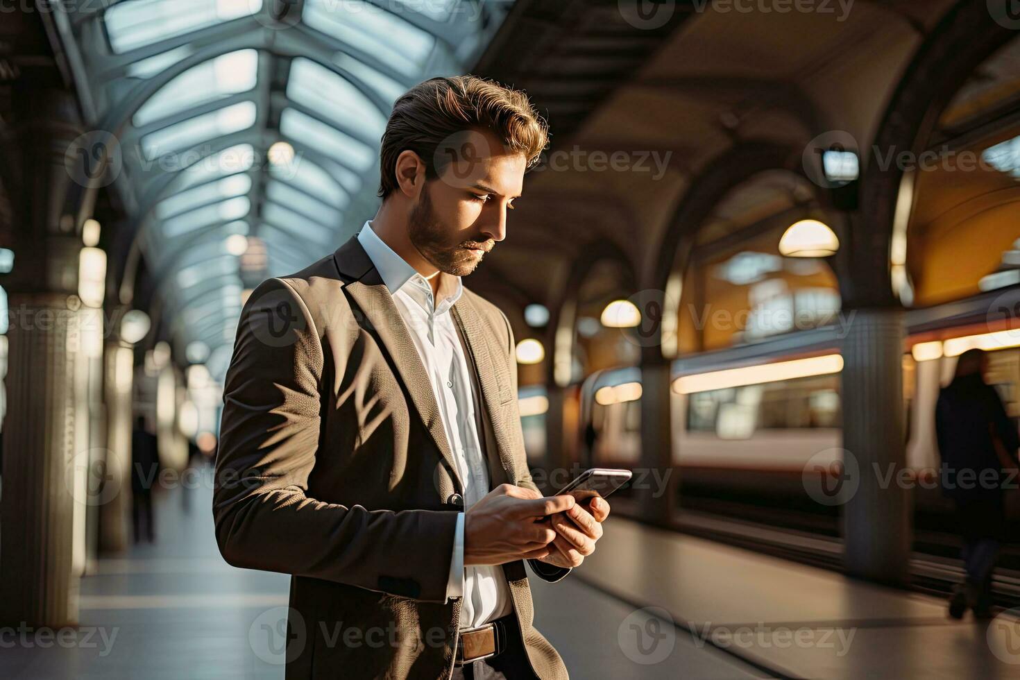 handsome businessman using smartphone while in the city. Generative AI photo