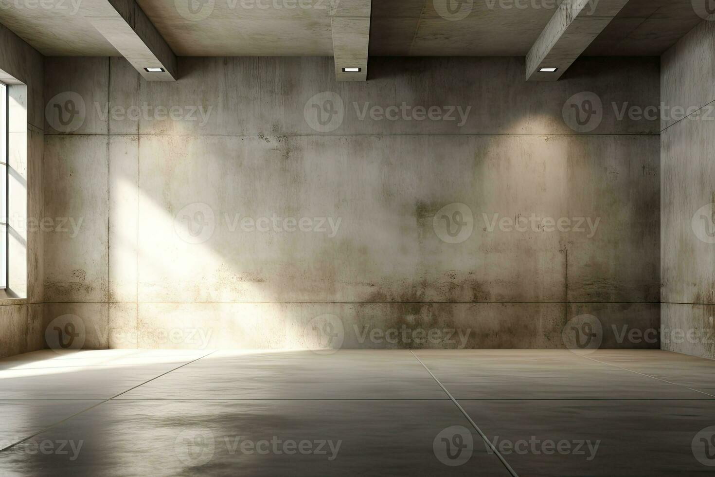 Interior of modern loft with concrete floor and panoramic windows.  Generative AI photo