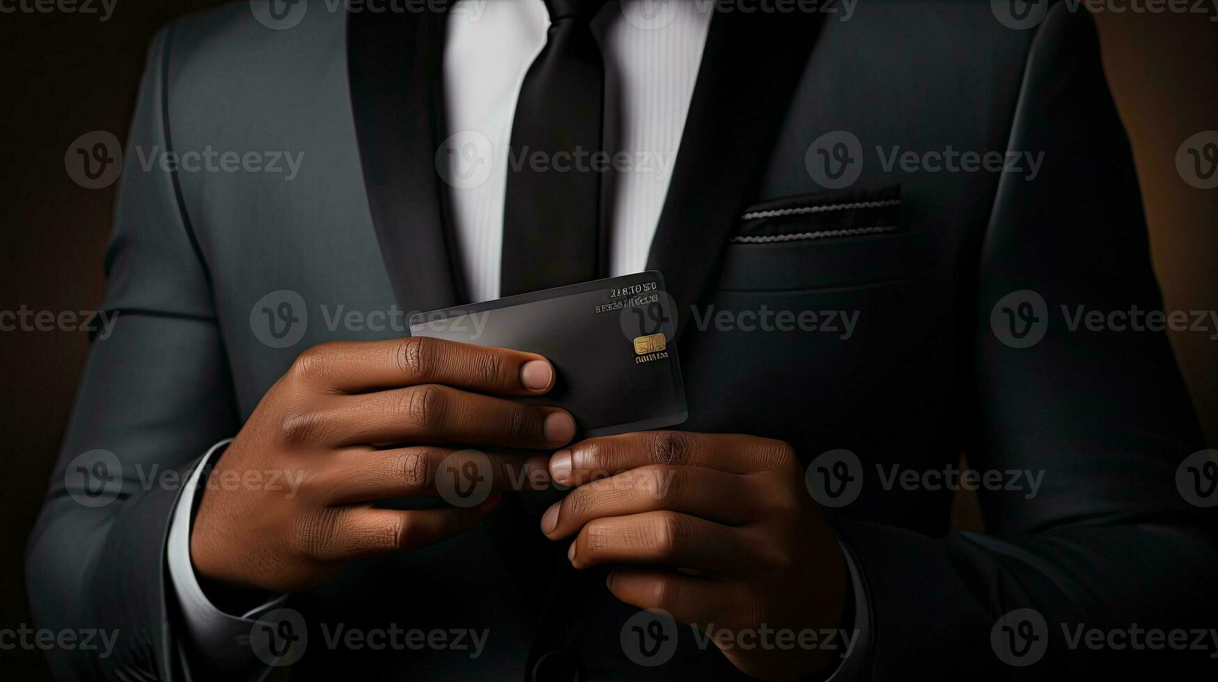 Businessman holding credit card on dark background, closeup. Online shopping. Generative AI photo