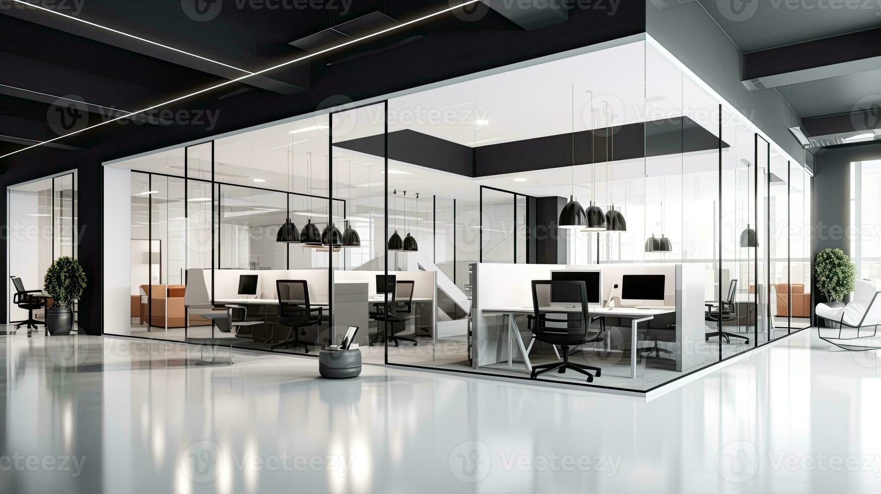 Interior of modern open space office with black walls, concrete floor, rows of computer tables and glass doors.  Generative AI photo