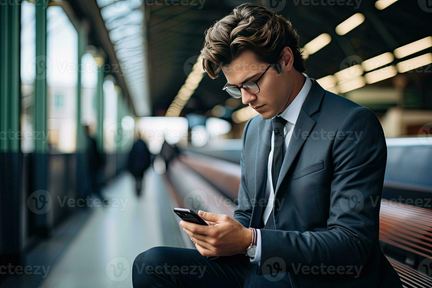 handsome businessman using smartphone while in the city. Generative AI photo