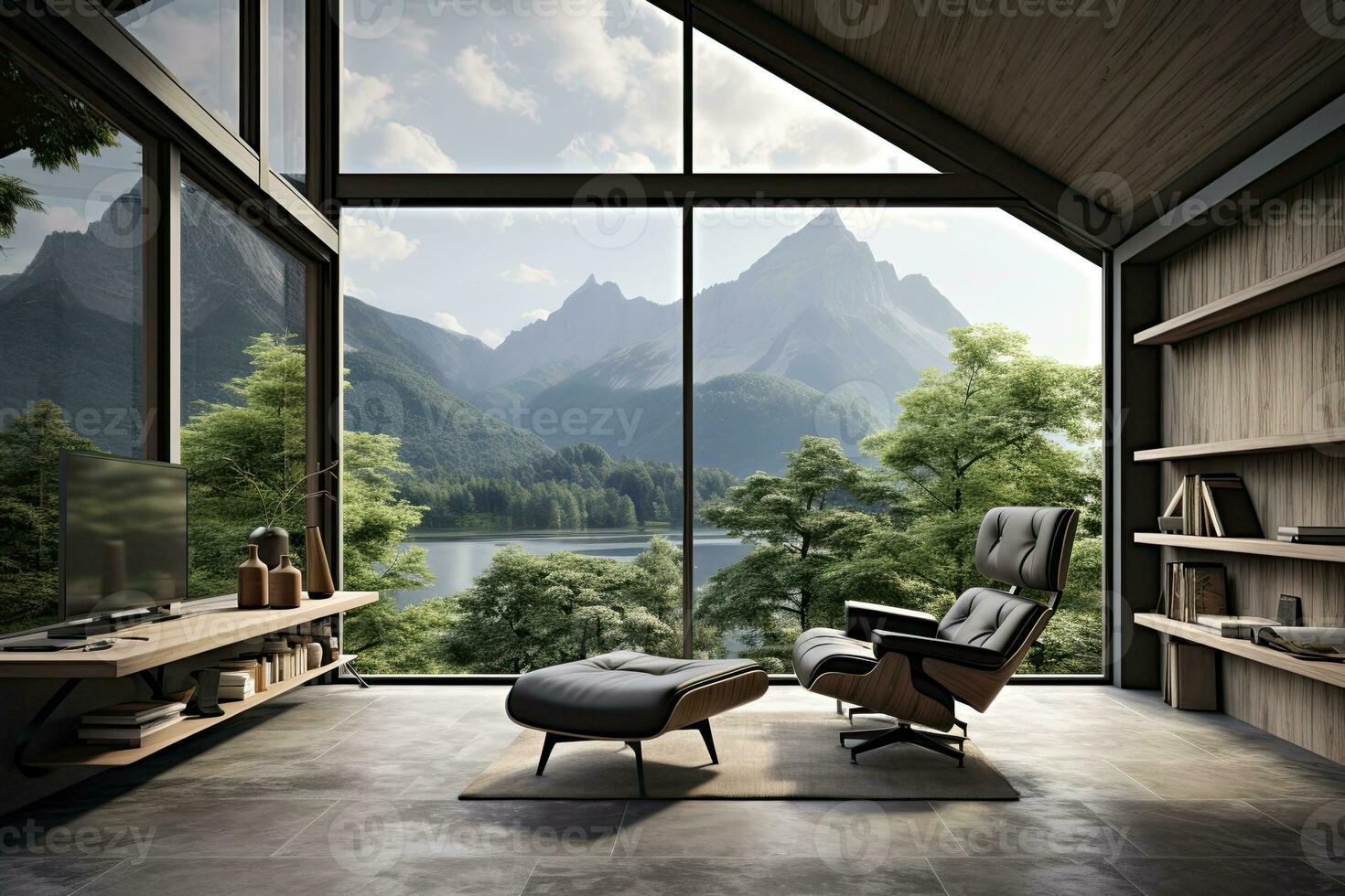 interior de moderno vivo habitación con de madera paredes, hormigón piso, panorámico ventana y montaña vista. generativo ai foto