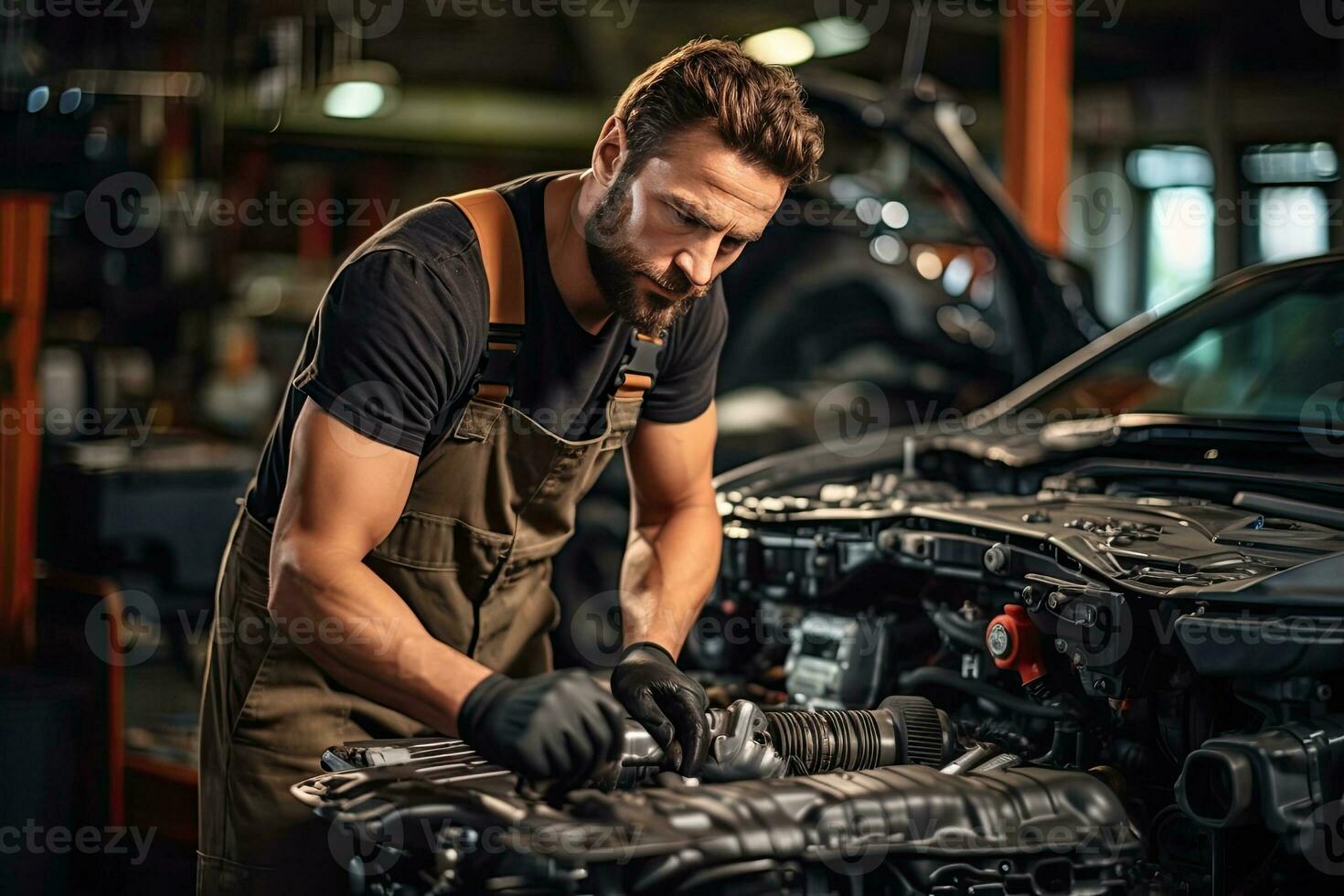 Car mechanic working in auto repair shop. Handsome young man in uniform working with car engine. Generative AI photo