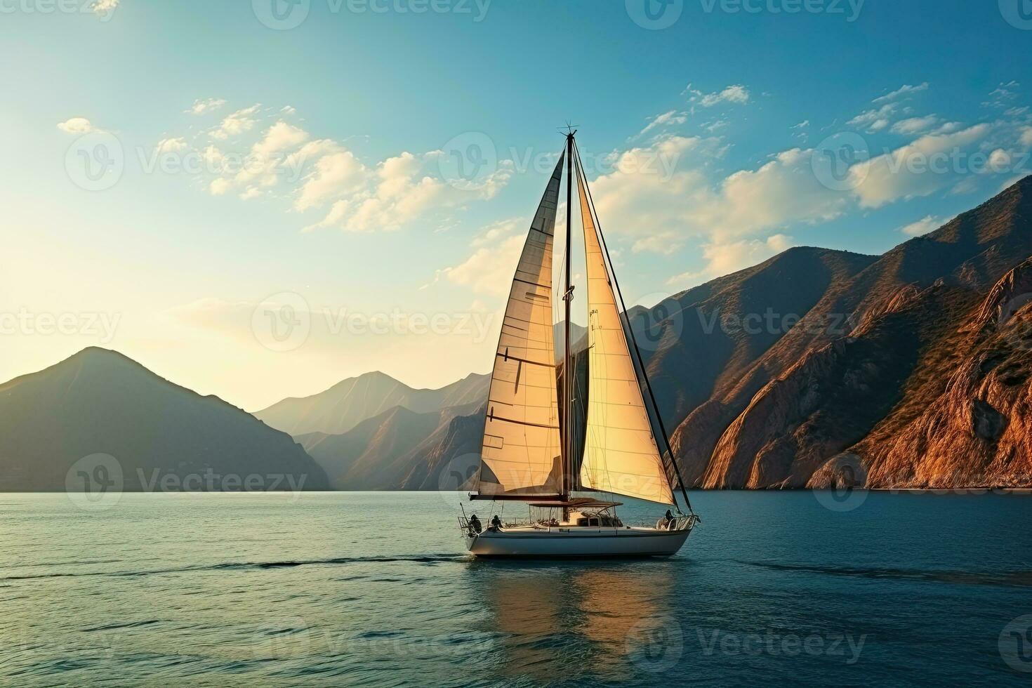 Sailing boat on the sea against the background of the mountains photo