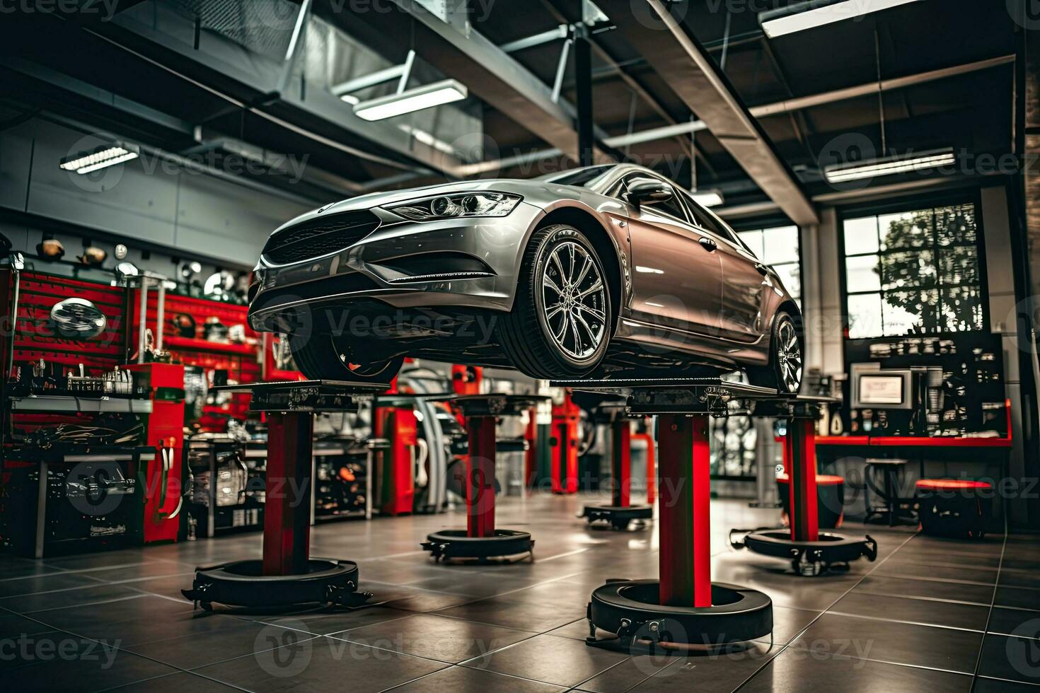 Modern car in the repair shop. Auto service industry. Automotive business. Generative AI photo