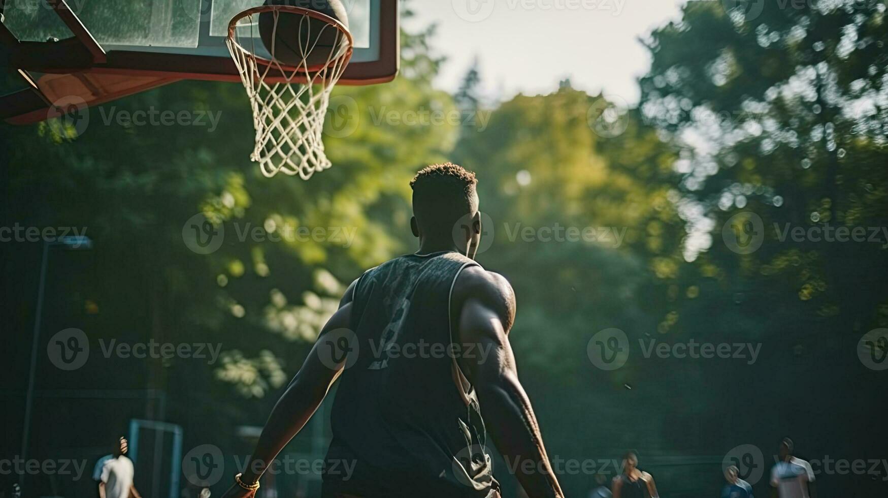 Young african american man playing basketball at sunset. Sport and active lifestyle concept.  Generative AI photo
