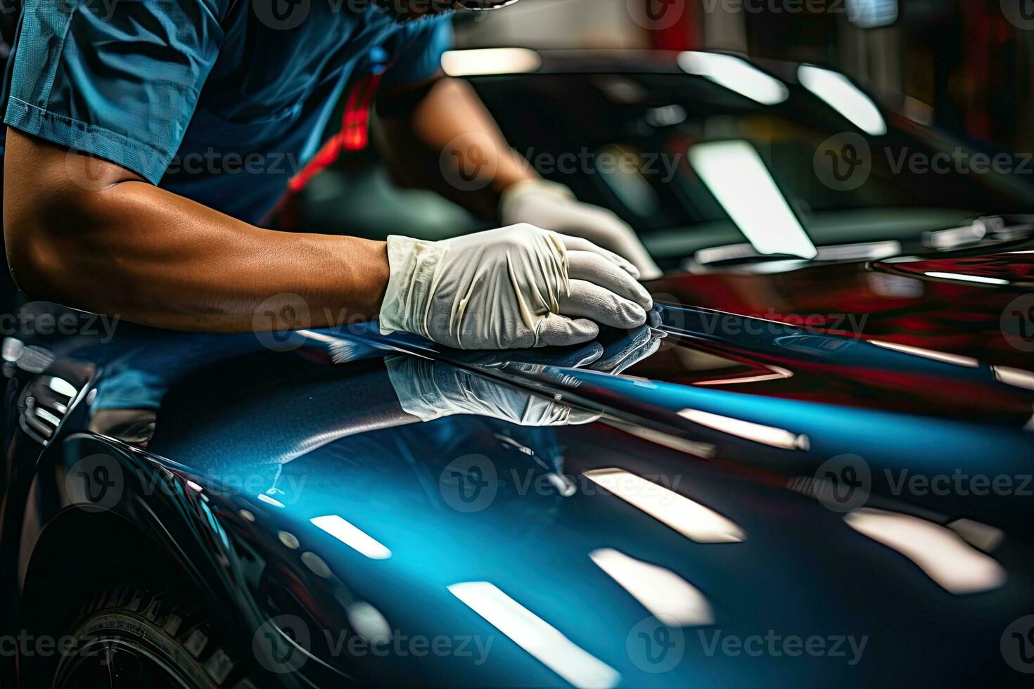 Car detailing series, Worker in protective gloves polishing a car. Generative AI photo
