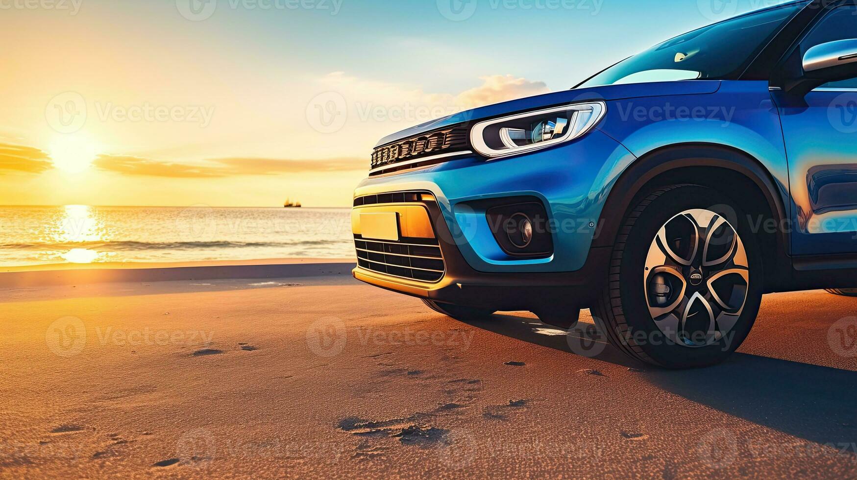 Car on the beach at sunset. Concept of travel and vacation. Generative AI photo