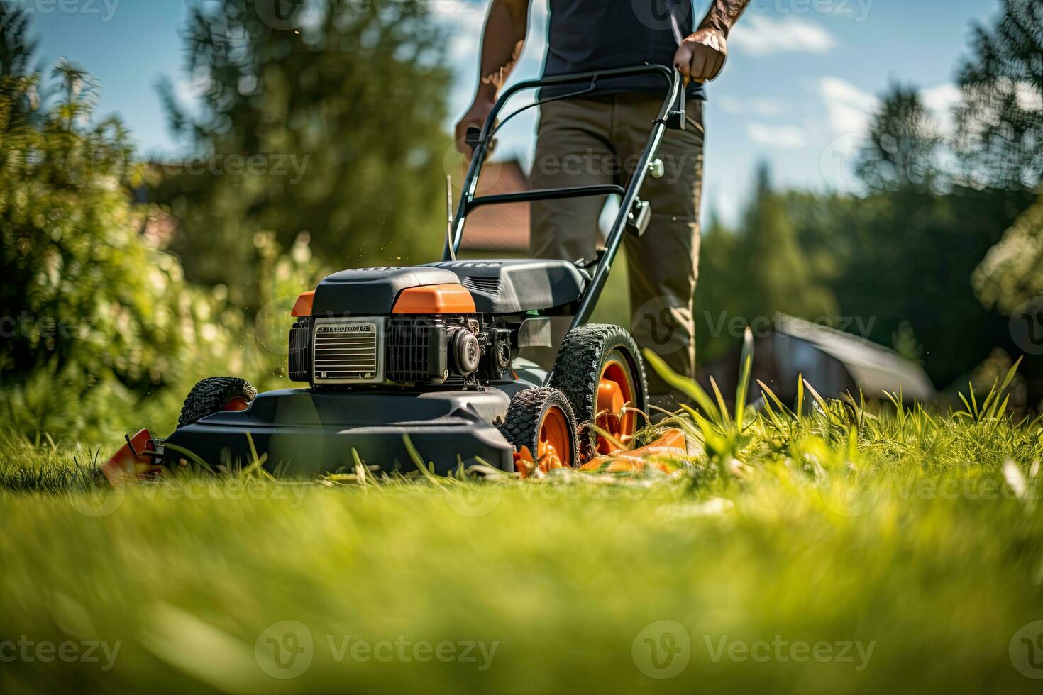 Man mowing the lawn with a lawn mower in the garden. Gardening concep. Generative AI photo