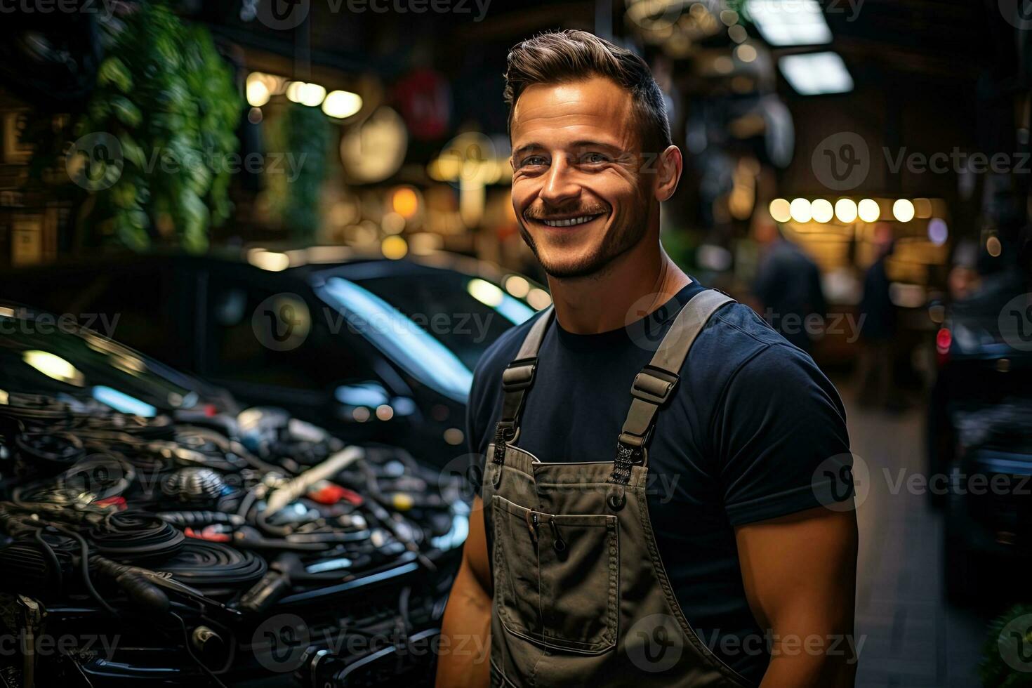 Car mechanic working in auto repair shop. Handsome young man in uniform working with car engine. Generative AI photo