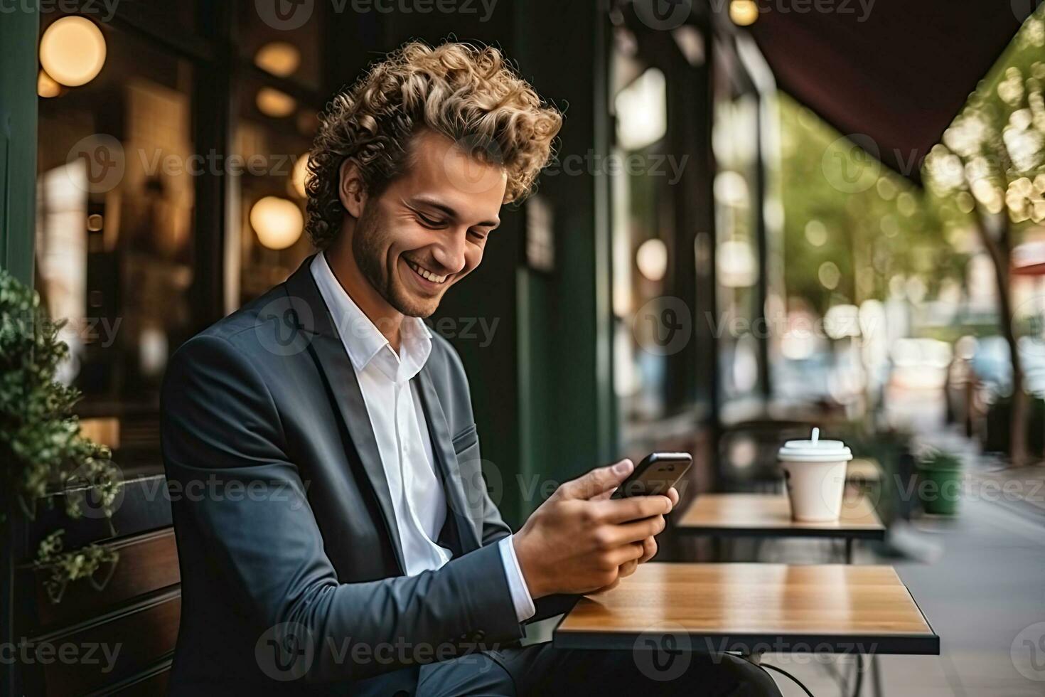 handsome businessman using smartphone while in the city. Generative AI photo