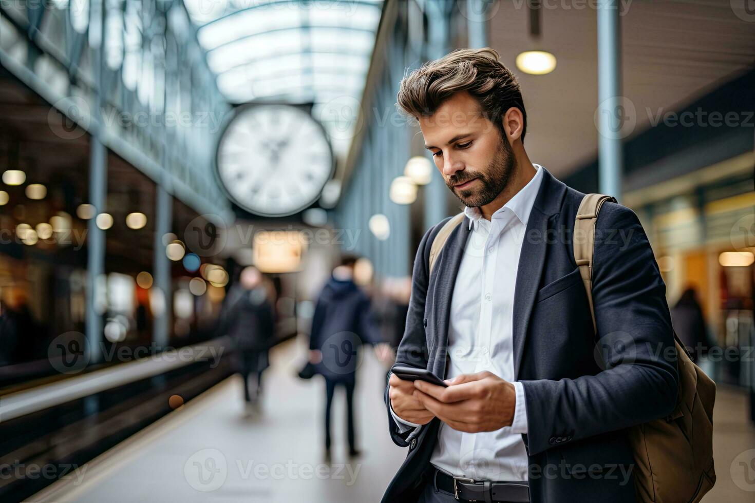 handsome businessman using smartphone while in the city. Generative AI photo