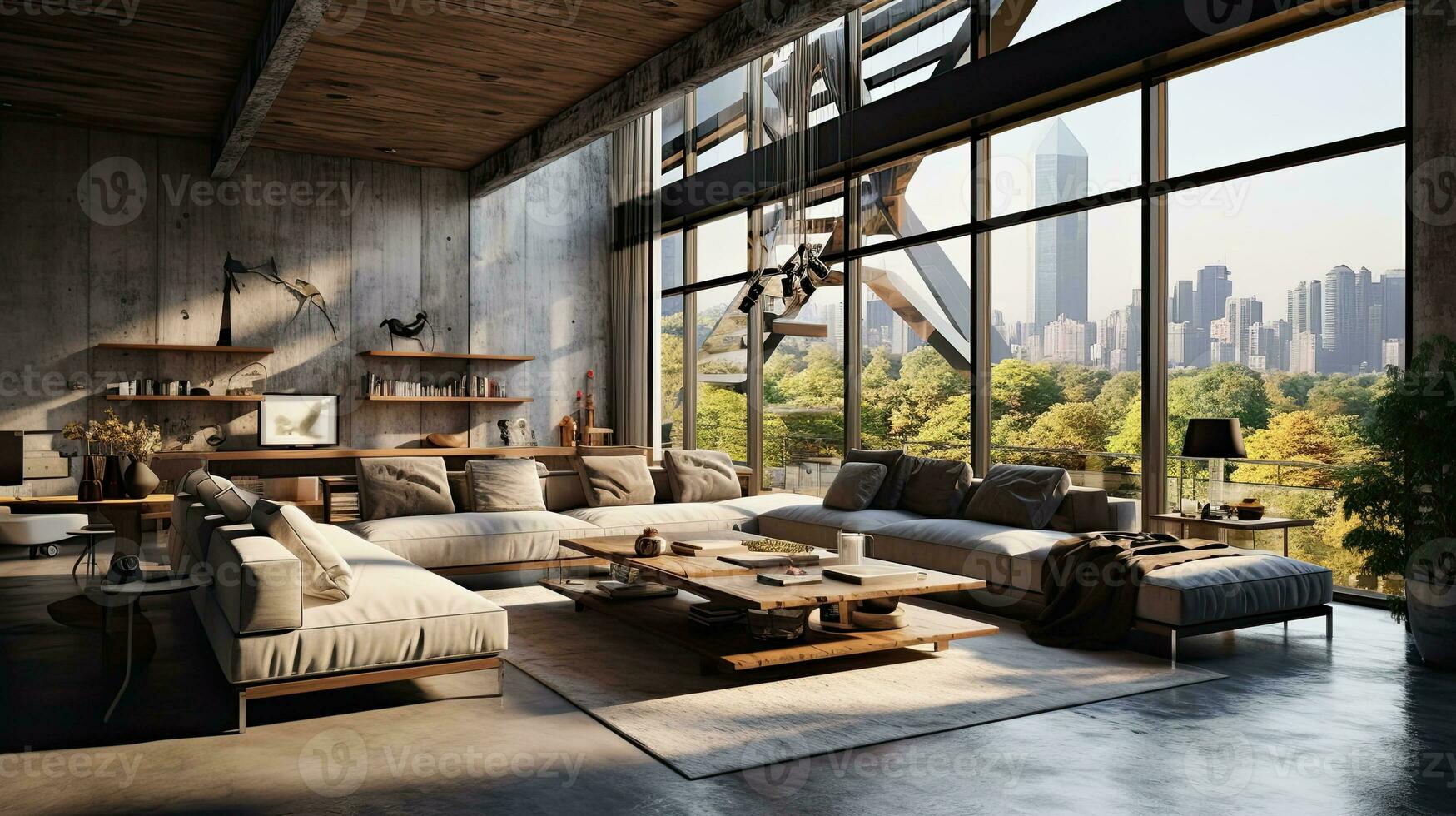Interior of modern living room with panoramic view of mountains. Generative AI photo