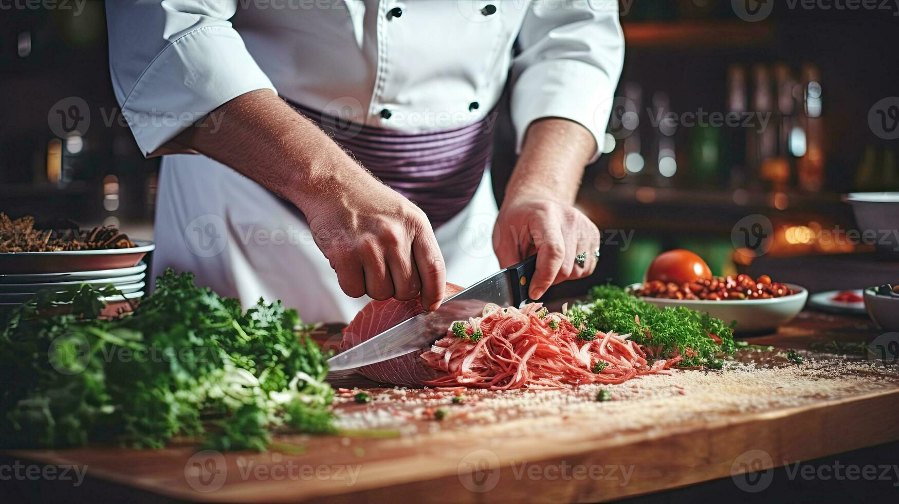 Chef is preparing food ingredients on a wooden board in a restaurant kitchen. Generative AI photo