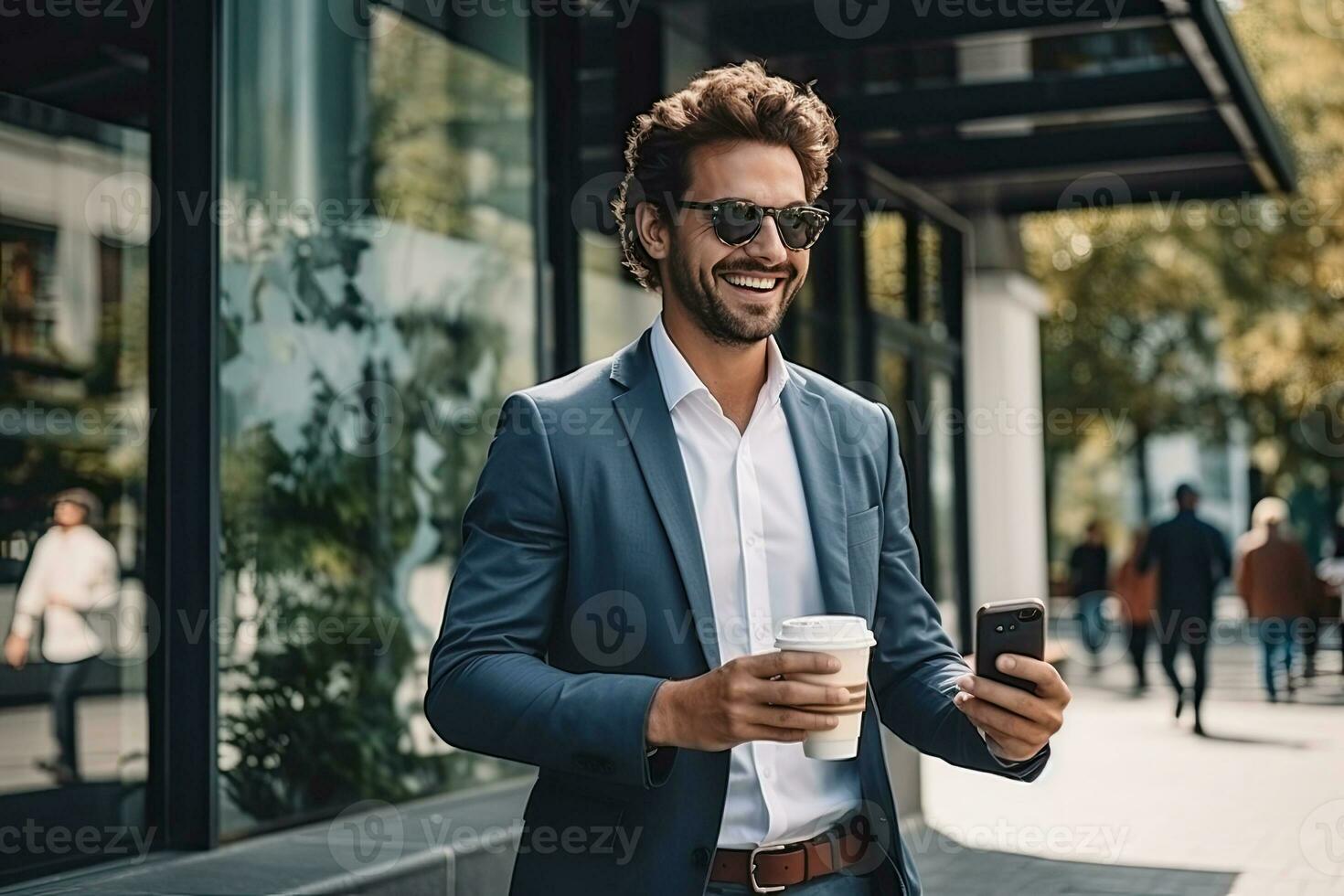 Handsome businessman using smartphone and holding coffee cup while in the city. Generative AI photo