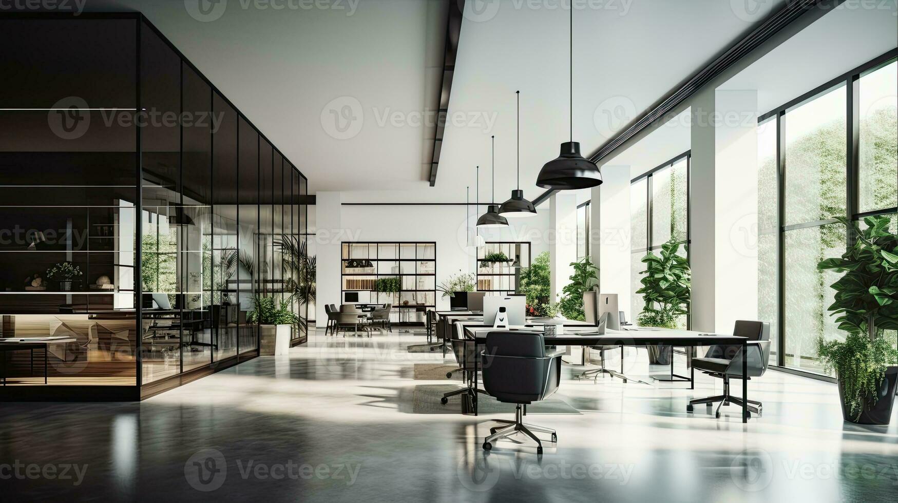 Interior of modern open space office with black walls, concrete floor, rows of computer tables and glass doors.  Generative AI photo