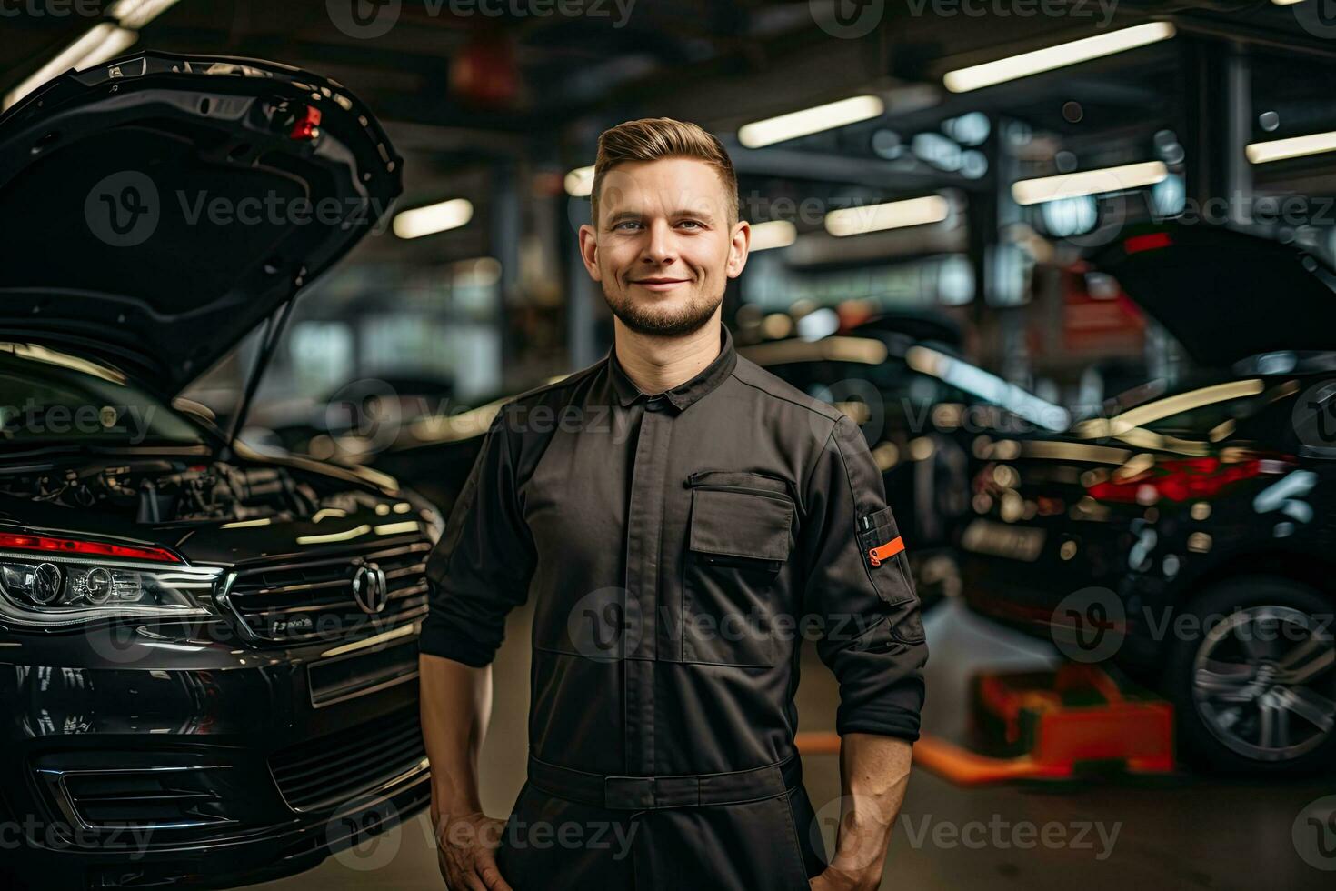 selective focus of handsome auto mechanic in uniform repairing car in auto repair shop. Generative AI photo