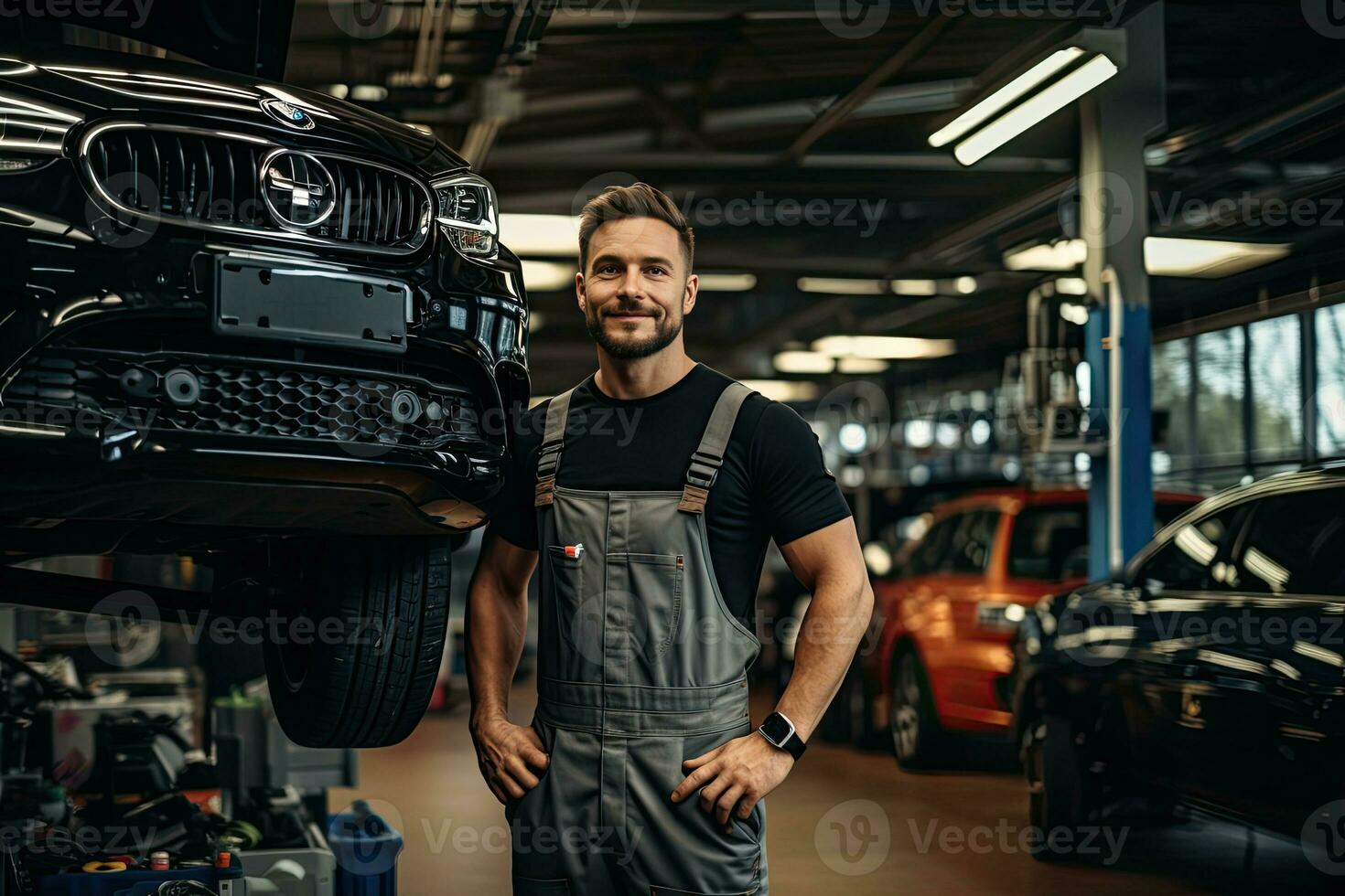 selective focus of handsome auto mechanic in uniform repairing car in auto repair shop. Generative AI photo