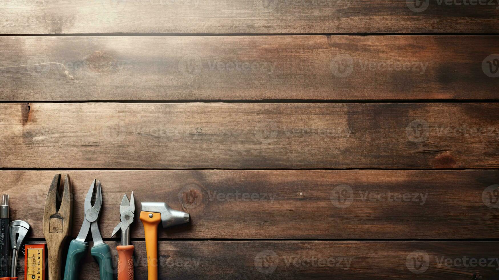 Top view of construction tools on blackboard background with copy space