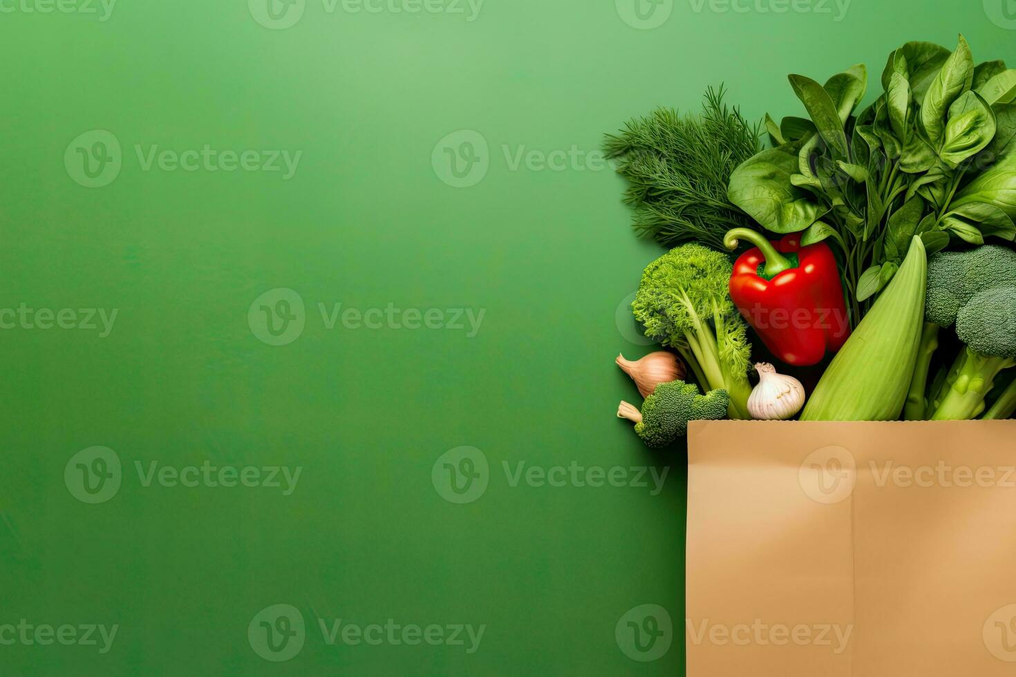 Shopping bag full of fresh organic vegetables on green background. Healthy food concept.  Generative AI photo