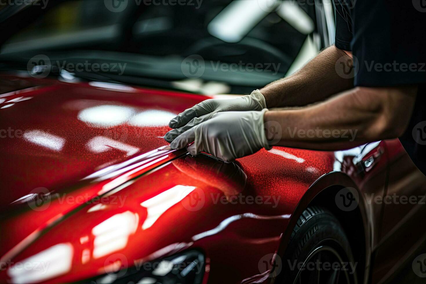 Car detailing series, Worker in protective gloves polishing a car. Generative AI photo