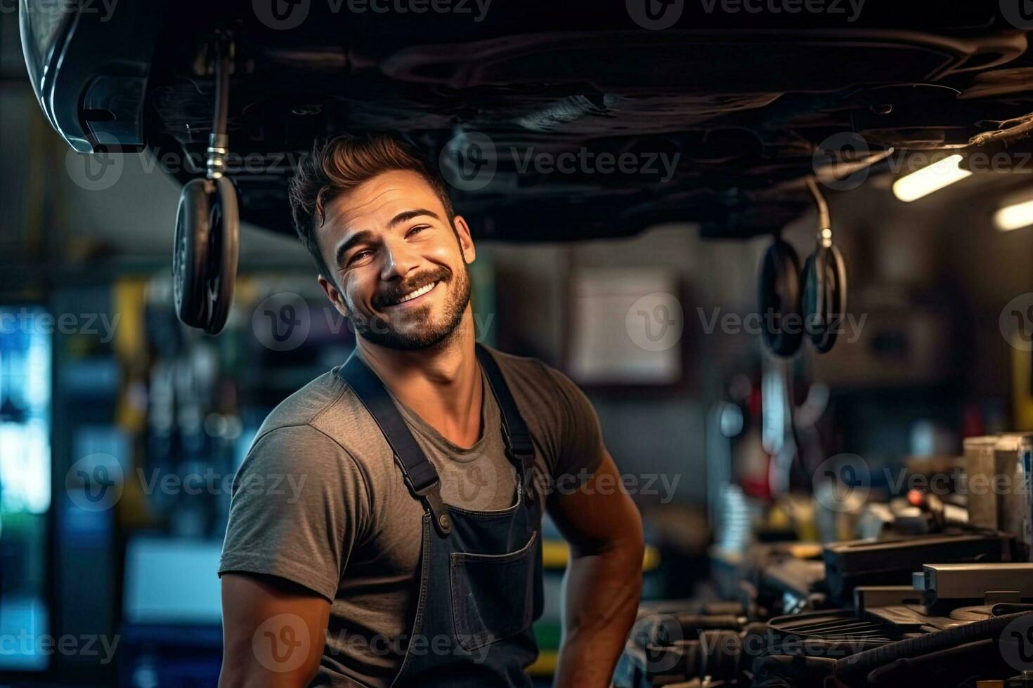 Car mechanic working in auto repair shop. Handsome young man in uniform working with car engine. Generative AI photo
