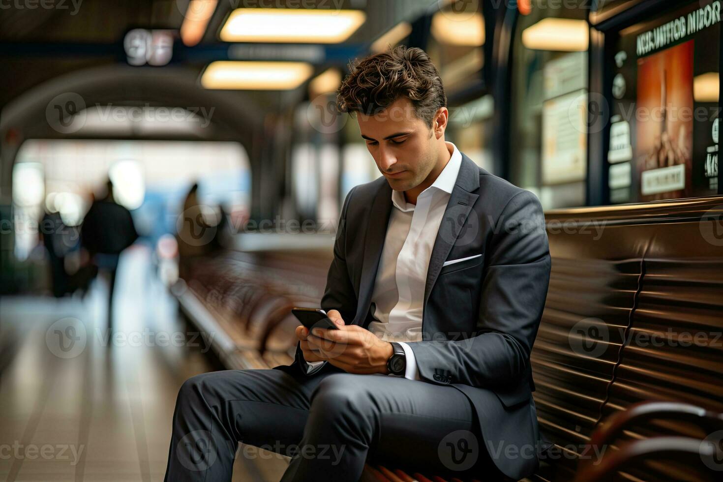 handsome businessman using smartphone while in the city. Generative AI photo
