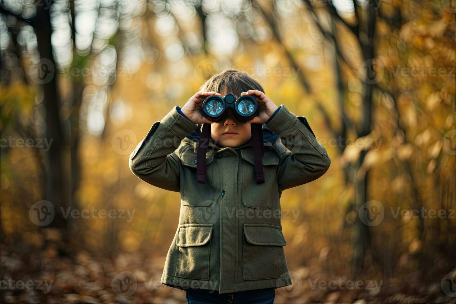 Little boy looking through binoculars in the park. Kid exploring nature.  Generative AI photo