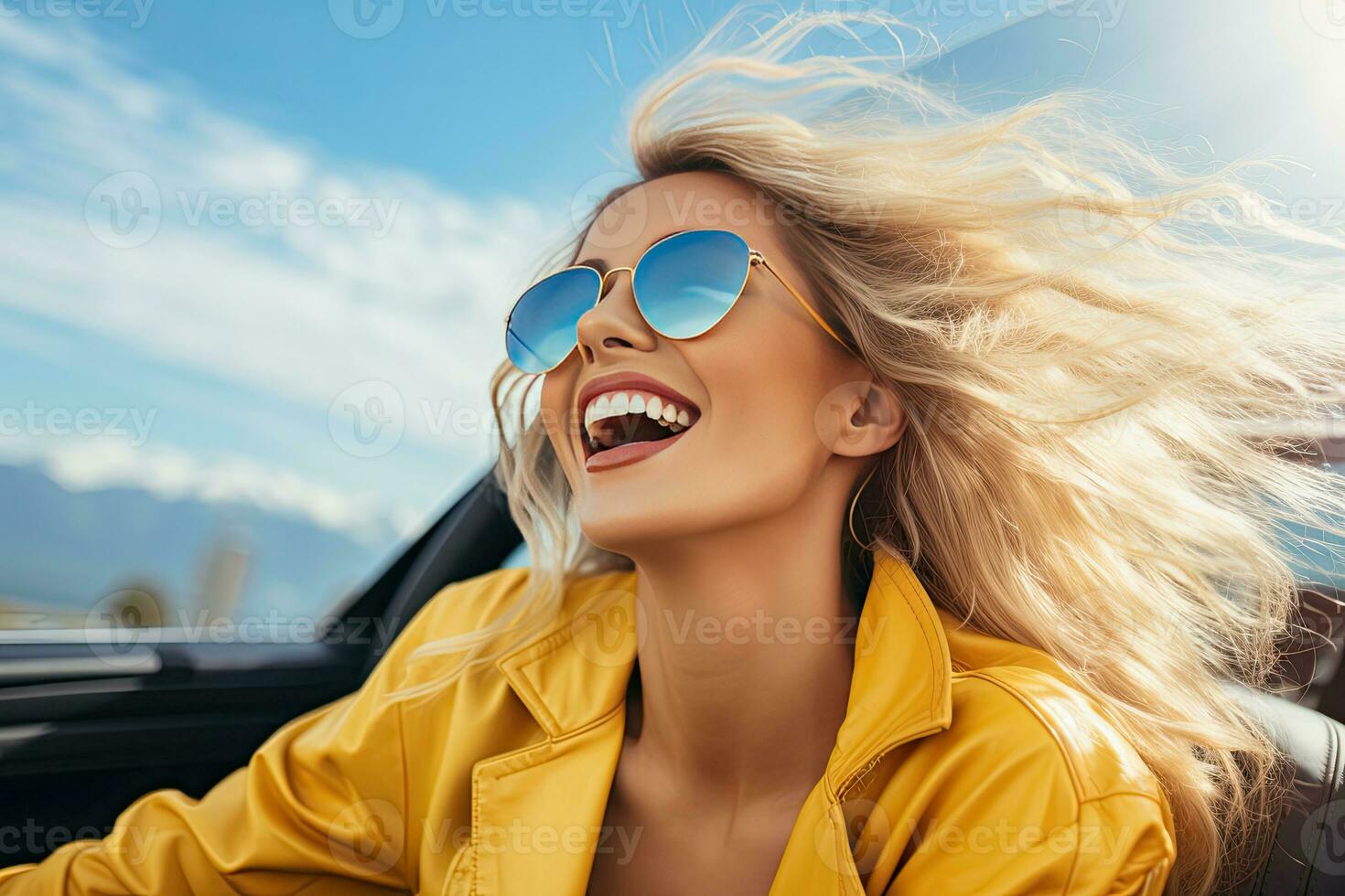 summer holidays, vacation, road trip and people concept - smiling young woman driving convertible car. Generative AI photo