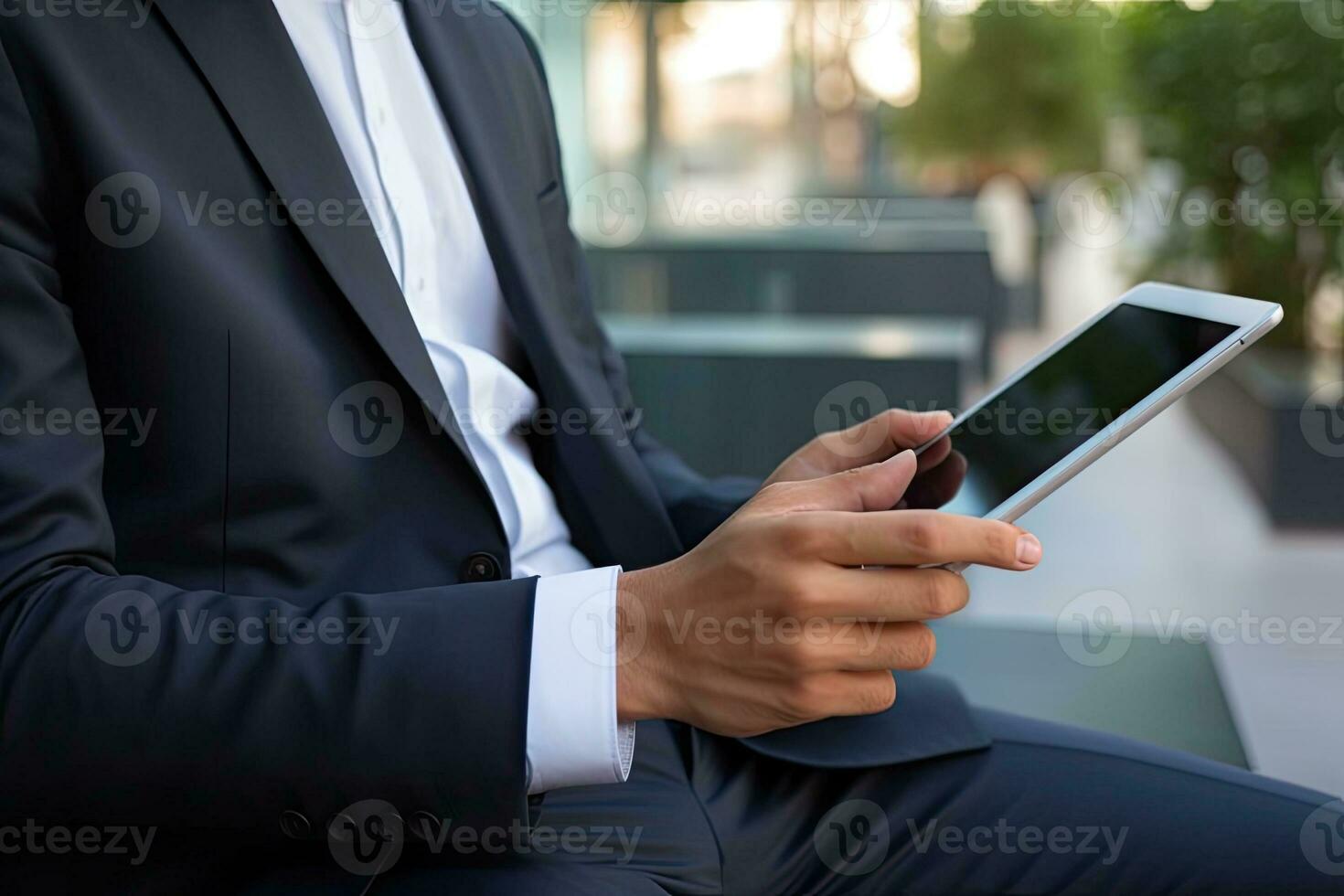 Businessman holding digital tablet in the office. Business and technology concept. Generative AI photo