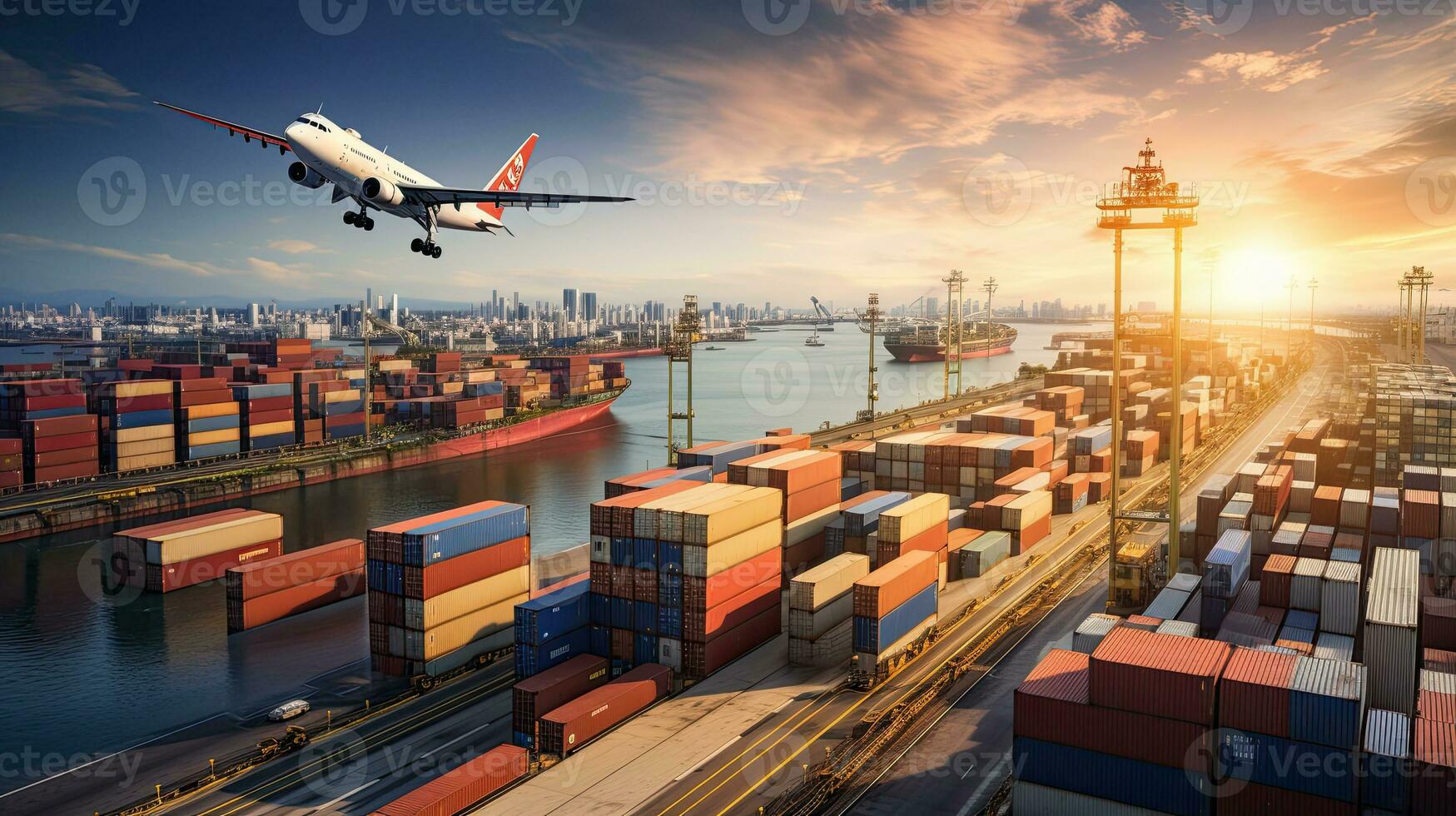Container Cargo freight ship with working crane bridge in import export and logistics business and transportation concept. Generative AI photo