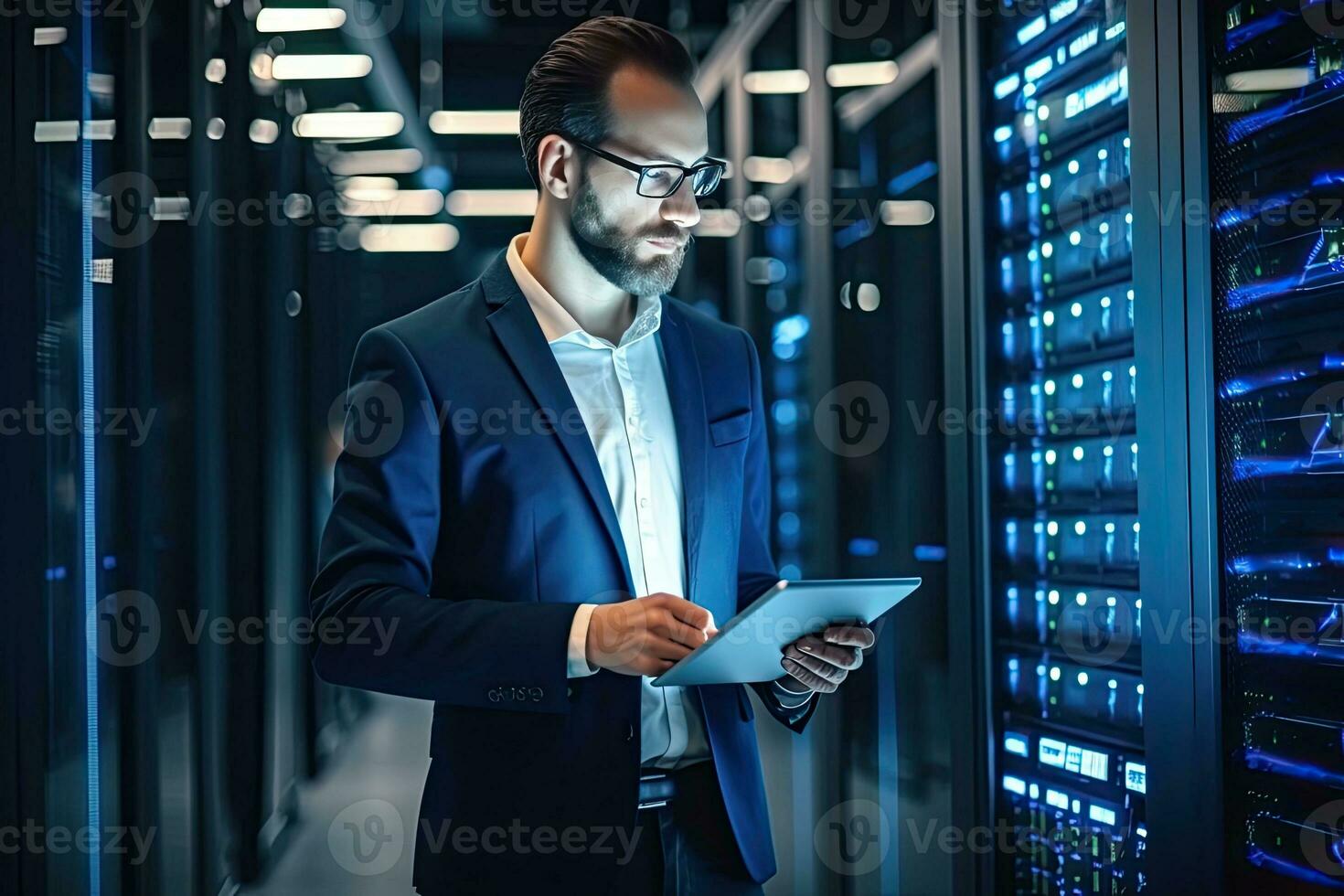 Handsome young businessman using digital tablet while standing in server room.  Generative AI photo