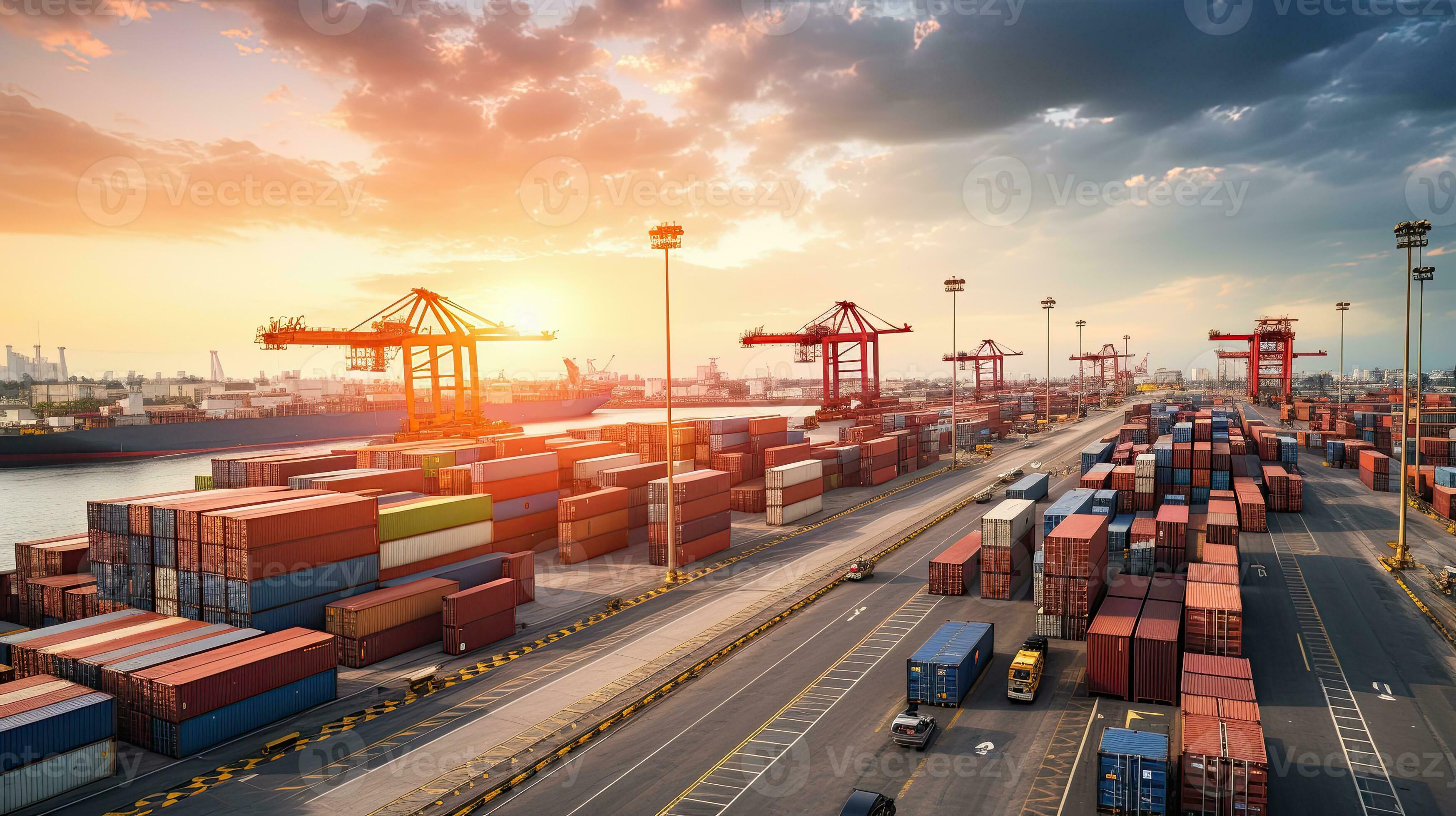 Container Cargo freight ship with working crane bridge in import export ...