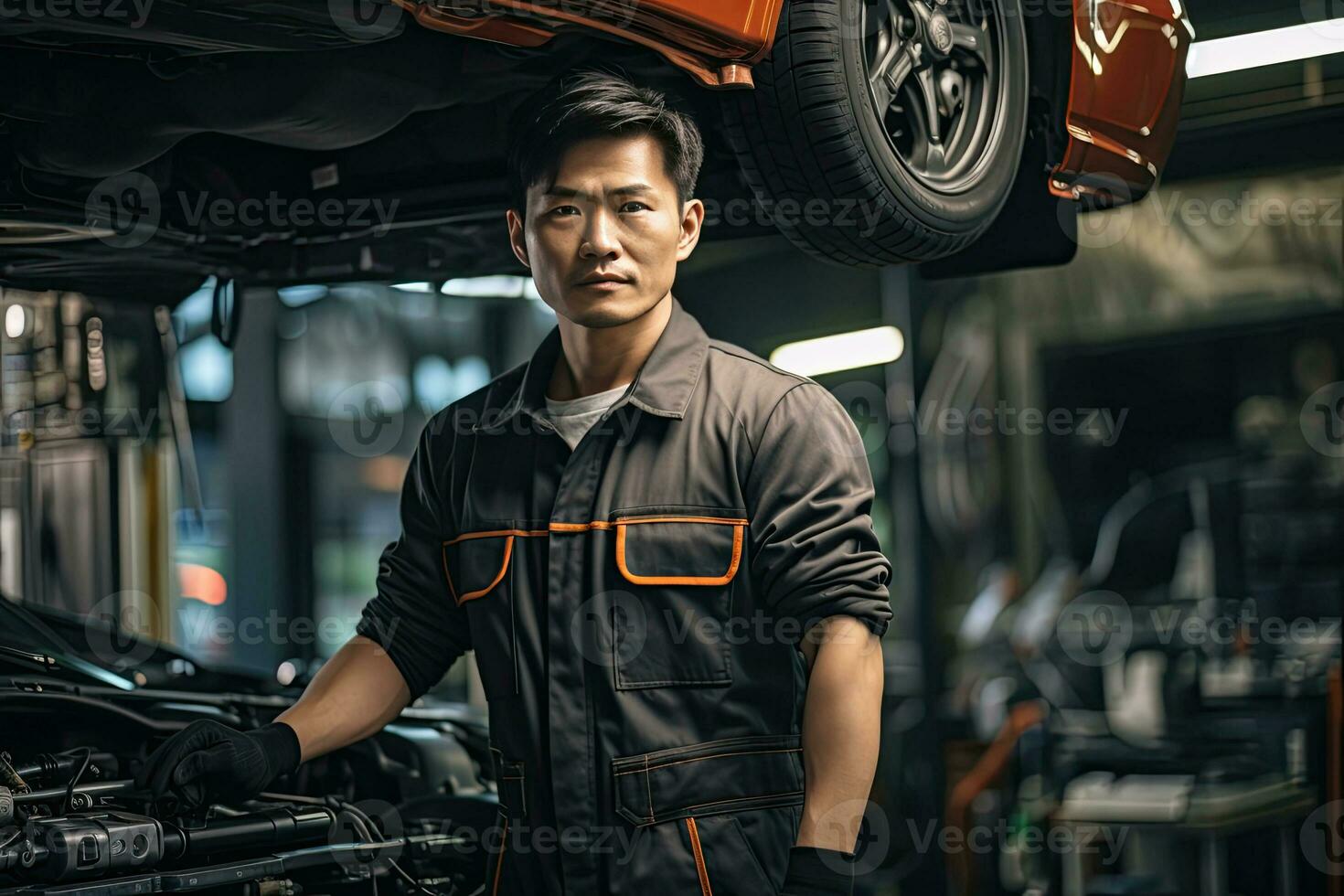selective focus of handsome auto mechanic in uniform repairing car in auto repair shop. Generative AI photo