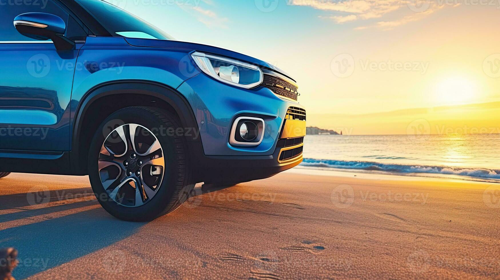 Car on the beach at sunset. Concept of travel and vacation. Generative AI photo