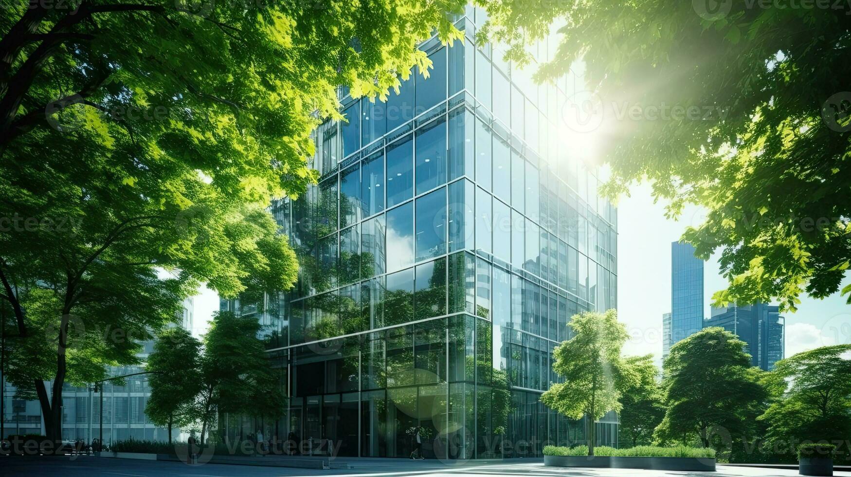 Modern office building with green leaves. Bottom view of modern office building with green leaves. Generative AI photo