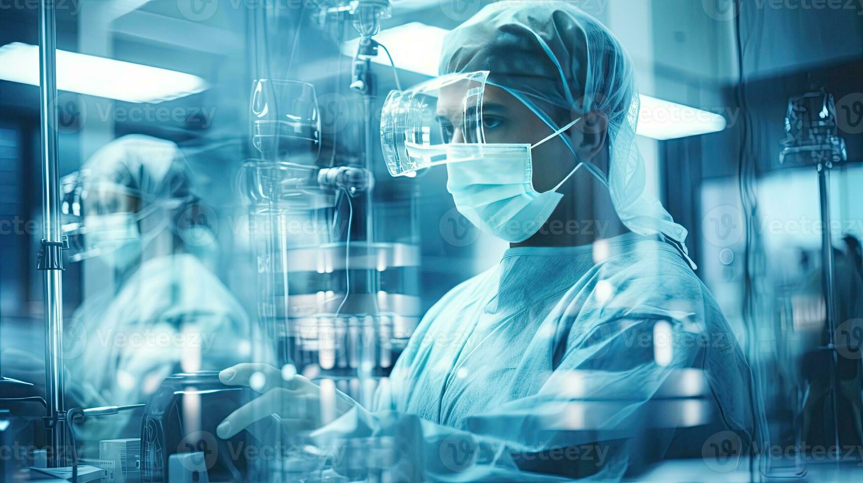 Conceptual of medical workers in protective clothing and masks working in modern hospital. Double exposure. Generative AI photo