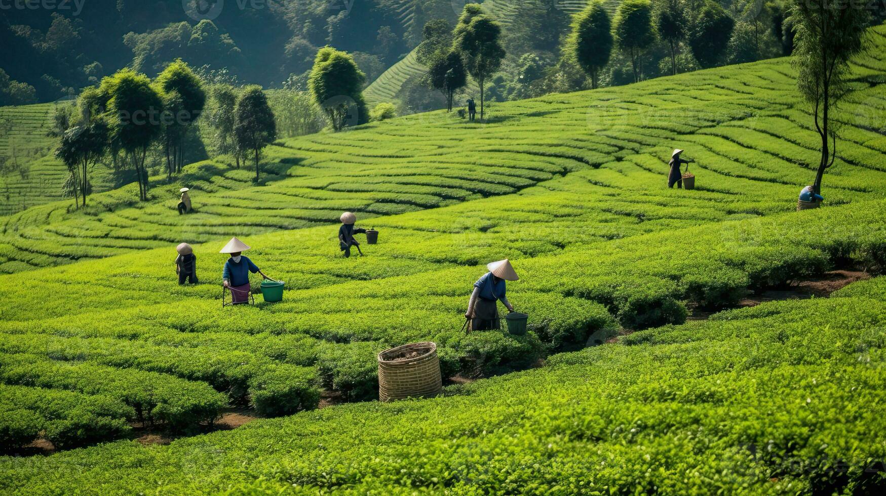 tea picking at the tea plantation at the town of Mae Salong north of the city Chiang Rai in North Thailand. Generative AI photo