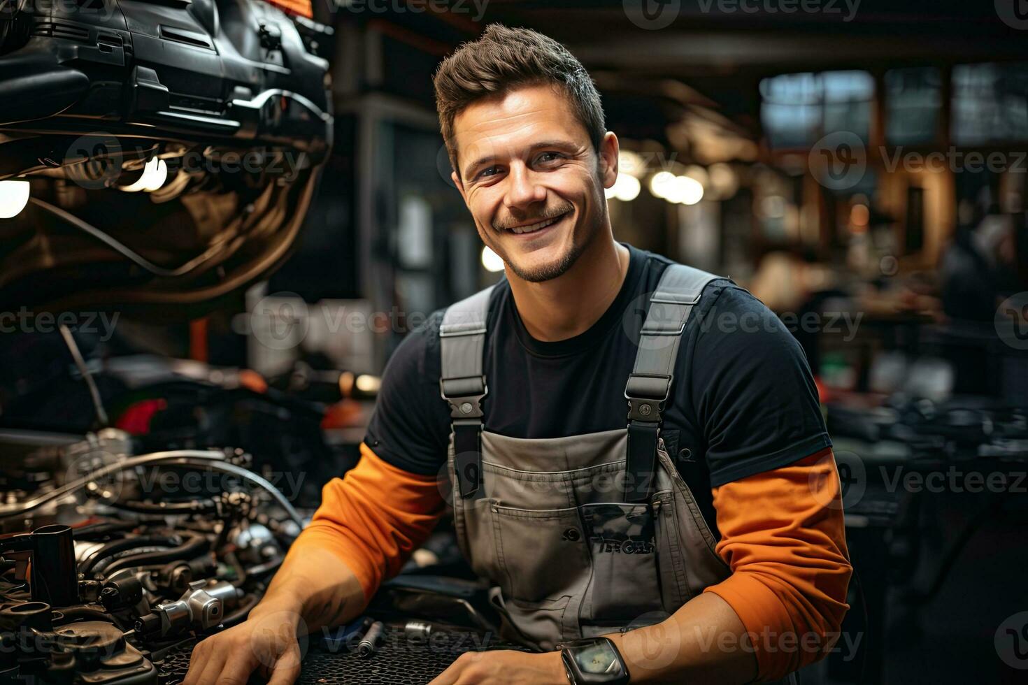 Car mechanic working in auto repair shop. Handsome young man in uniform working with car engine. Generative AI photo