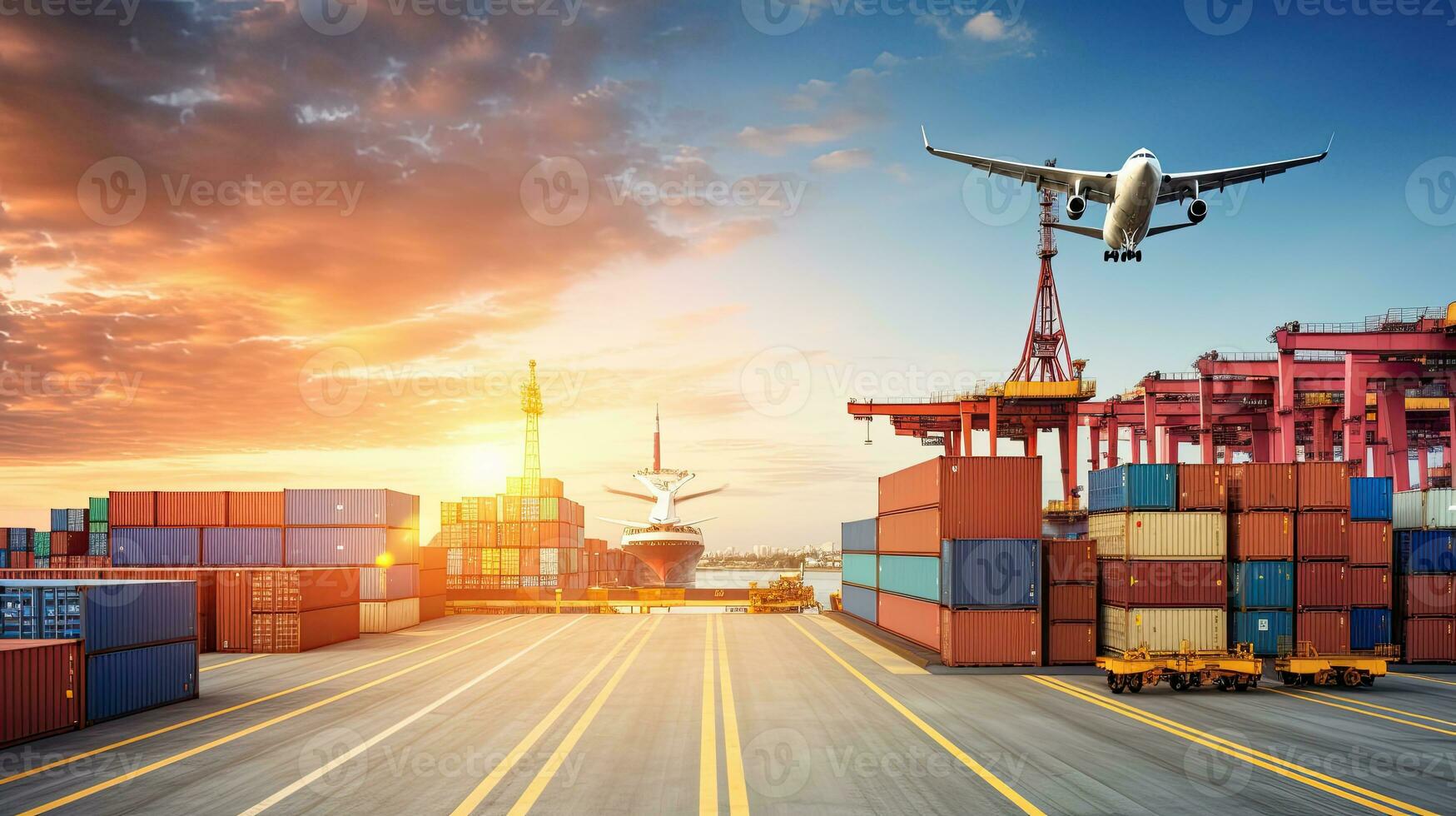 Container Cargo freight ship with working crane bridge in import export and logistics business and transportation concept. Generative AI photo