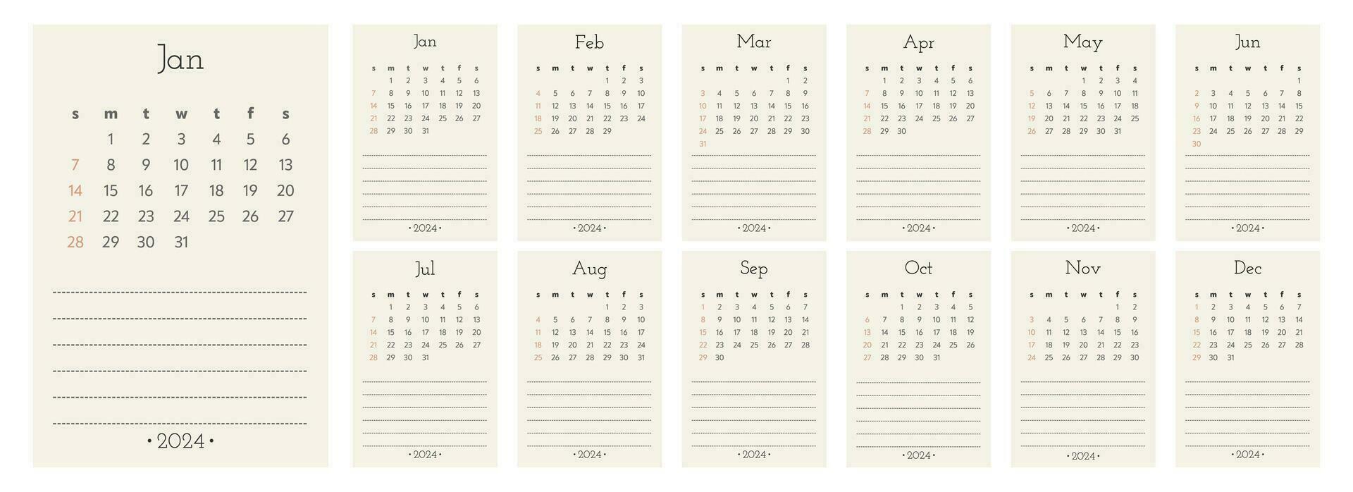 Monthly calendar 2024 template. Week strat on Sunday vector